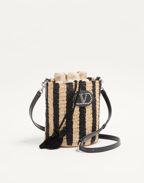Valentino Garavani - Valentino Garavani Small Striped Raffia Bucket Bag - Natural/black - Woman - Shoulder Bags